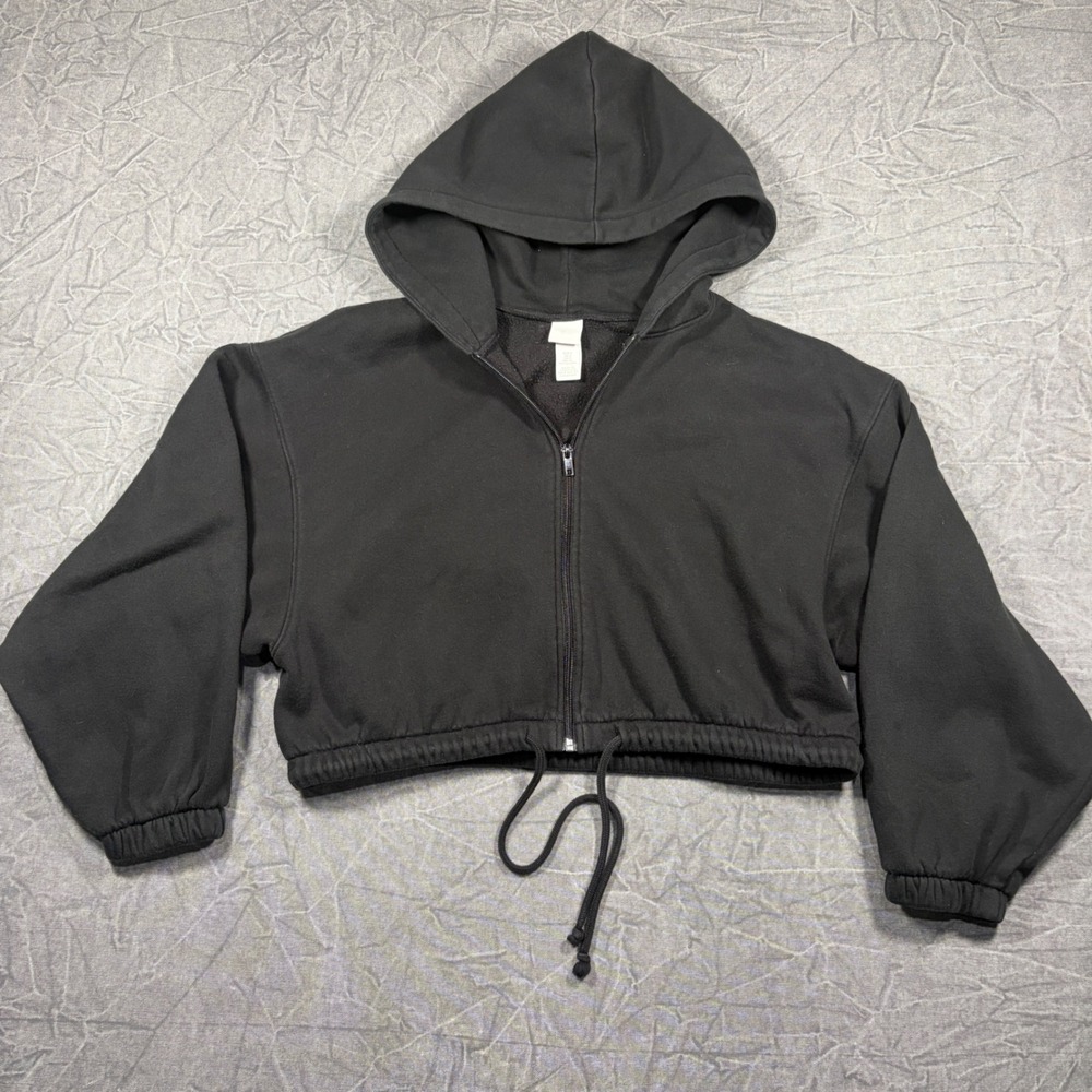 H&M Hoodie Women S Black Cropped Full Zip Drawstring Hem Long Sleeve Sweatshirt